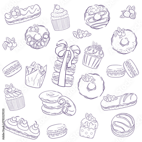 A set of delicious desserts on a white background. Eclair, muffin, cupcake, donut, cake. Hand drawing, doodle, line drawing. Isolated vector illustration for the design of postcards, banners, posters