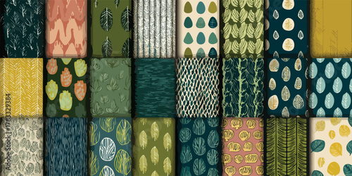 Colección de texturas y patrones orgánicos en tonos tierra, verde y azul, ideales para diseño textil.
