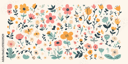 Colección de ilustraciones vectoriales de flores silvestres y botánicas en tonos pastel suaves y alegres.