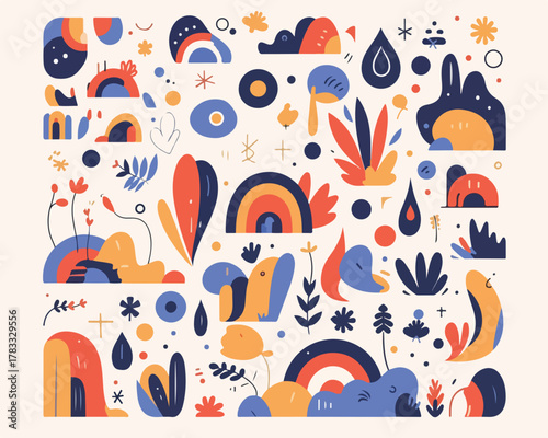 Colección abstracta de formas orgánicas, arcoíris y elementos naturales estilizados en paleta de colores cálidos y fríos.