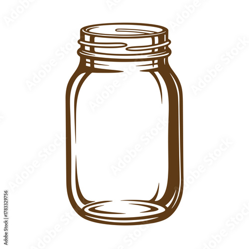 Detailed brown ink illustration of an empty vintage art mason jar isolated on white