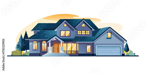 Beautiful modern farmhouse style luxury home exterior at twilight.