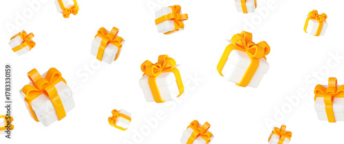 3d flying white gift box with yellow ribbon and different angles. Stock vector illustration on isolated background.
