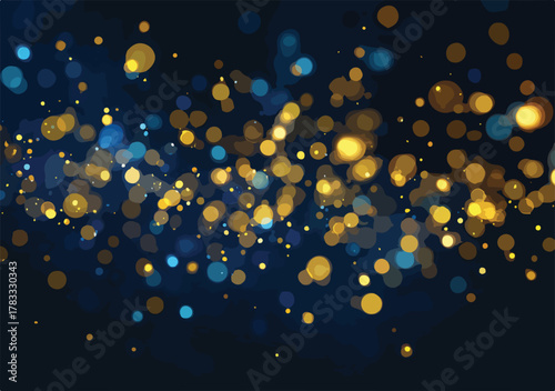 Fondo abstracto de luces bokeh doradas y azules sobre un fondo oscuro, perfecto para celebraciones.