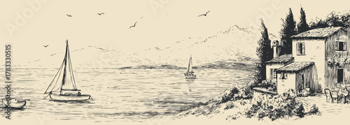 Paisaje costero con veleros y una casa en la colina, dibujo a mano alzada con estilo vintage.