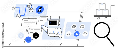 Chatbot interacting with messages, AI analytics, and customer service tools. Magnifying glass examining aspects. Ideal for customer care, AI, automation, data analysis, feedback e-commerce