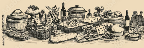 Ilustración vectorial de una mesa festiva repleta de deliciosos alimentos y bebidas.