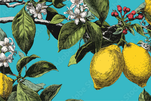 Rama de limonero con frutos amarillos vibrantes y flores blancas delicadas sobre fondo azul turquesa.