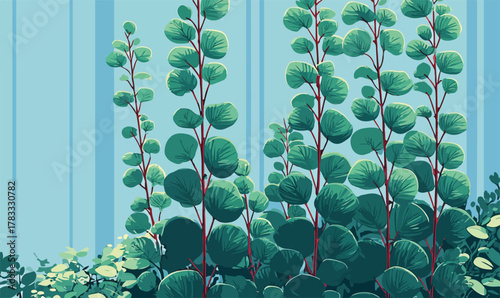 Ilustración vectorial de exuberantes plantas verdes con hojas redondas y tallos delgados en un fondo azul claro.