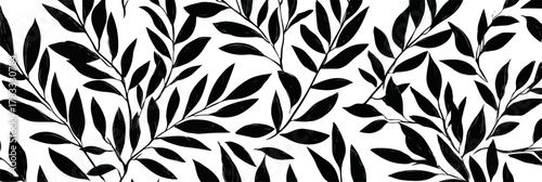 Patrón floral vectorizado con hojas negras sobre fondo blanco, ideal para diseño textil.