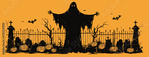 Silueta de fantasma espeluznante en un cementerio espeluznante con calabazas y murciélagos para Halloween
