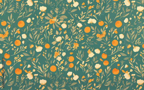 Patrón vectorial sin fisuras con diseño botánico y frutal, destacando hojas verdes, flores blancas y cítricos naranjas sobre un fondo verde azulado, perfecto para estampados.