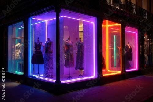 Vibrant neon pop up shops showcase stunning dresses and artistic displays in a lively urban setting at night