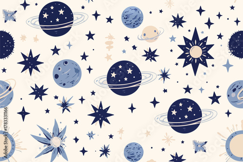 Patrón vectorial sin fisuras con elementos celestiales como planetas, estrellas y cuerpos cósmicos, ideal para fondos y diseños espaciales.