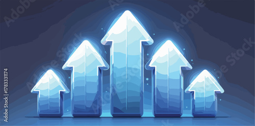 Una representación visual de flechas azules brillantes que simbolizan el crecimiento y el éxito empresarial en un entorno digital abstracto.