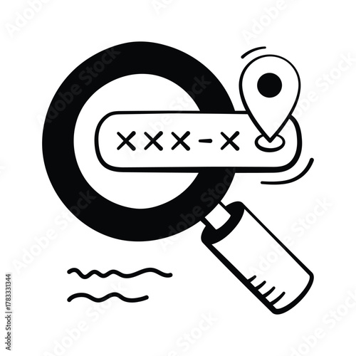 Magnifier over a code field with location pin, product, order search vector