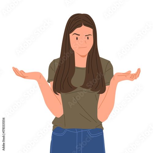 young woman showing different hand gestures and facial expressions, various emotions and signs, flat vector illustration on white background.Good for education,sticker,poster,template and more