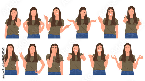 Set of young woman showing different hand gestures and facial expressions, various emotions and signs, flat vector illustration on white background