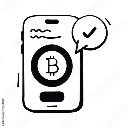 Mobile phone with crypto coin denoting crypto payment hand drawn vector