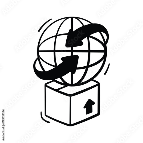 Globe with package, hand drawn icon of international shipping and global logistics