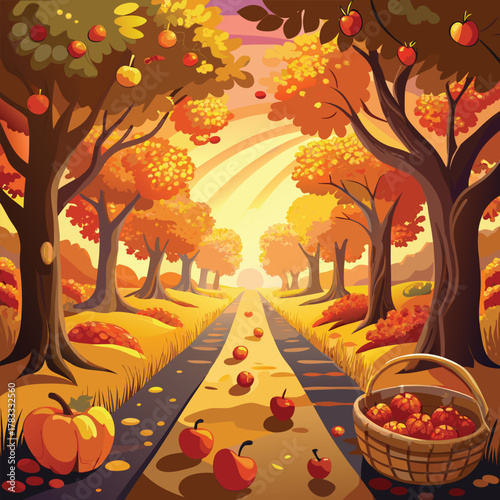 Autumn apple orchard pathway with pumpkin and basket of apples