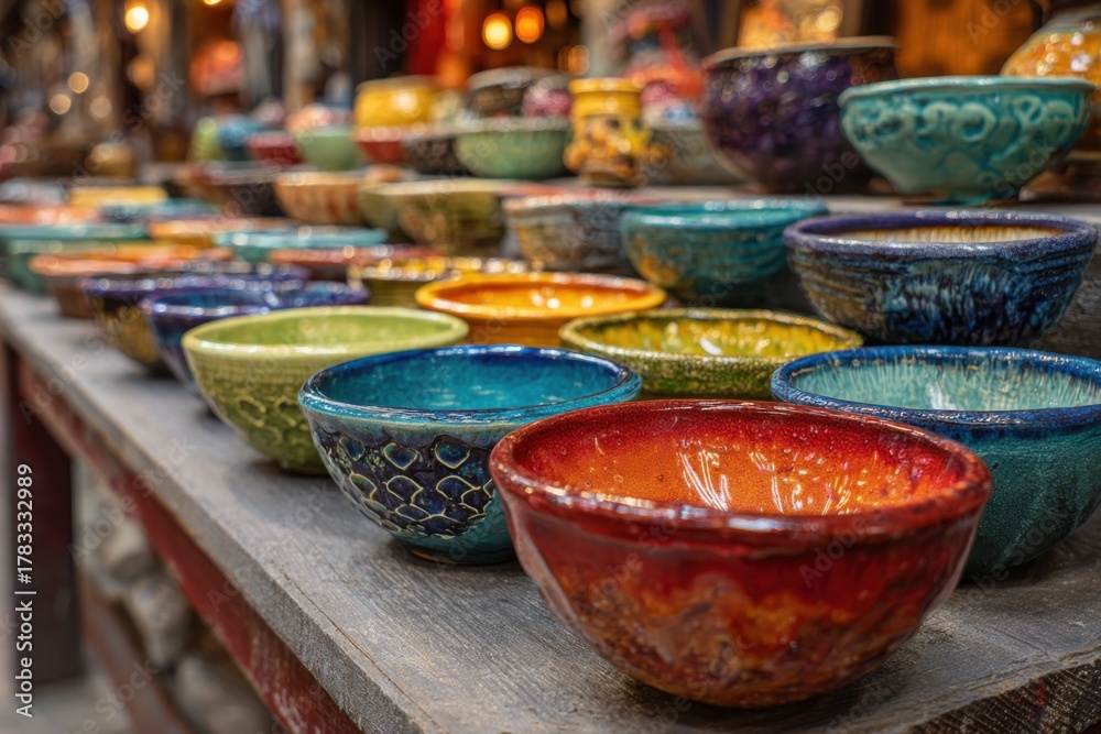 Fototapeta premium Handcrafted pottery and decorative bowls arranged for sale at a local artisan market in the early afternoon light