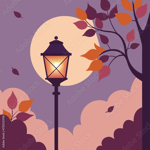 Autumn park lamp with falling leaves and full moon
