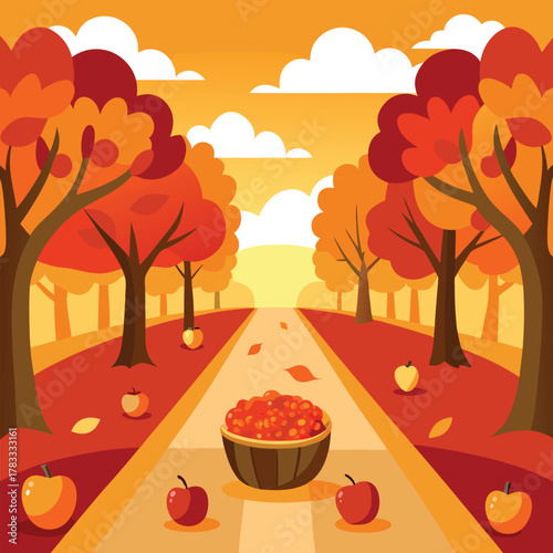 Autumn lane with bowl of berries and apples fall season