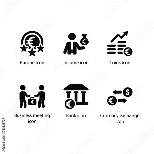 Europe, Income, Coins, Business meeting, Bank, Currency exchange, Black Icon Set