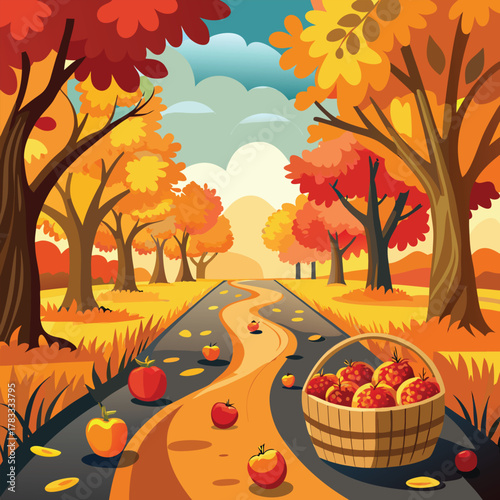 Autumn road with basket of apples and fallen leaves
