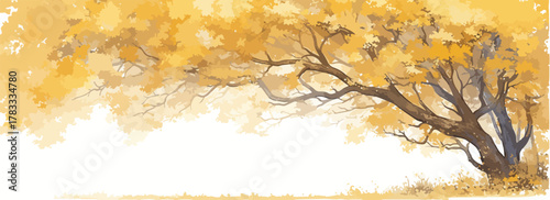 Un albero solitario con foglie dorate si erge in un campo, catturando la bellezza malinconica di un paesaggio autunnale in stile vettoriale.