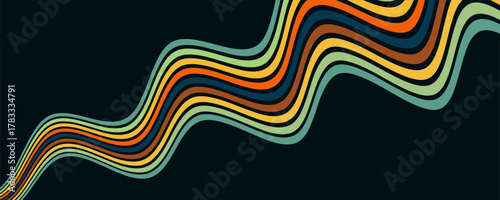 Abstract colorful 70s background vector. Vintage retro wallpaper with rainbow stripes and wavy lines.