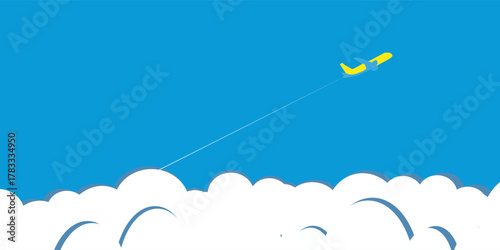 Yellow paper airplane flying over clouds paper cut style with dashed lines on blue sky banner business background