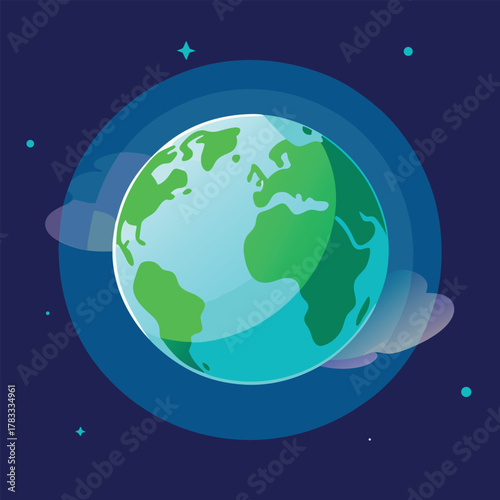 Cartoon Earth with clouds and atmospheric glow in space
