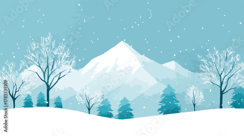 Paesaggio invernale stilizzato con montagne innevate e alberi spogli sotto una nevicata leggera.