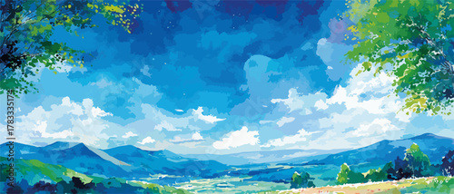 Un paesaggio sereno con montagne blu e un cielo vibrante pieno di nuvole bianche.