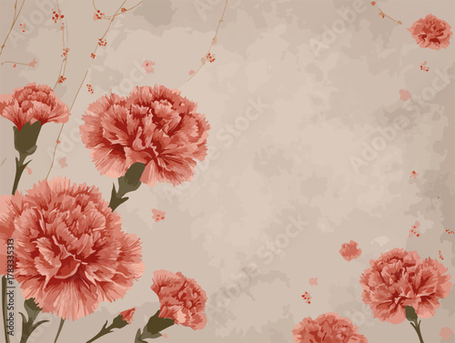 Elegante sfondo floreale vettoriale con garofani rosa in stile vintage, perfetto per biglietti di auguri e inviti speciali.