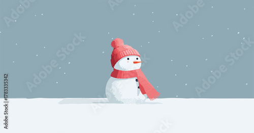 Un simpatico pupazzo di neve con cappello e sciarpa rossi si gode una nevicata invernale, evocando un'atmosfera gioiosa e festiva.
