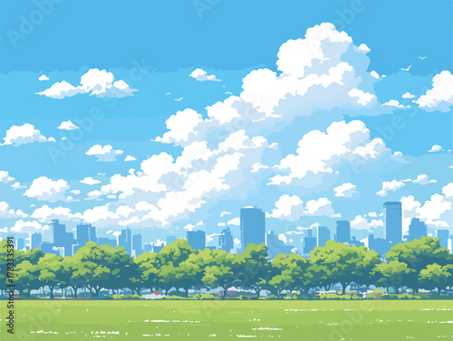 Illustrazione vettoriale di un paesaggio urbano sereno con cielo azzurro e nuvole bianche soffici, che cattura la tranquillità della natura in città.