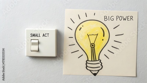 A small light switch turning on a large glowing lightbulb idea