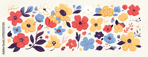 Delicato motivo floreale vettoriale con fiori colorati e foglie stilizzate, perfetto per progetti creativi e decorazioni primaverili.