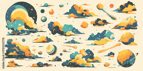 Illustrazione vettoriale che rappresenta un insieme di elementi celesti e nuvole in stile retrò, ideale per sfondi o design creativi.