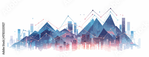Illustrazione vettoriale di una città futuristica con montagne e grattacieli, che rappresenta crescita e progresso tecnologico.