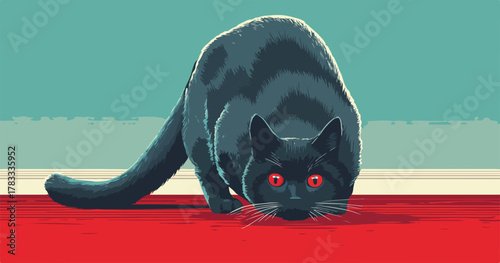 Illustrazione vettoriale di un gatto nero in agguato, con occhi rossi penetranti e postura attenta, su uno sfondo minimalista e colorato.