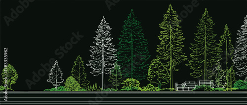 Illustrazione vettoriale di una fila di alberi sempreverdi su sfondo nero, ideale per progetti di paesaggistica e design ambientale.