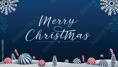 Festive merry christmas greeting with snowflakes and sweet treats like candy canes and striped peppermint candies on a snowy landscape