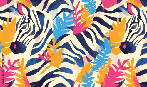 Un motivo esotico e audace con teste di zebra e fogliame tropicale dai colori vivaci crea un'atmosfera giungla vibrante e artistica.
