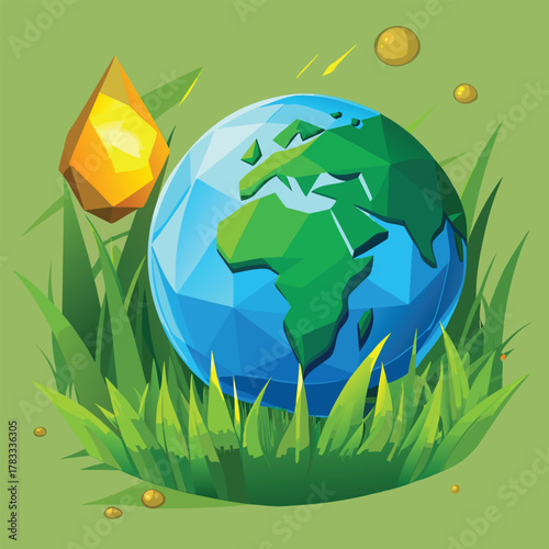Earth globe in grass with golden drop and crystals