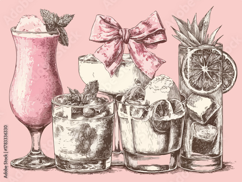 Illustrazione vettoriale di una collezione di cocktail rinfrescanti in stile vintage, perfetti per menù estivi e design di bevande.