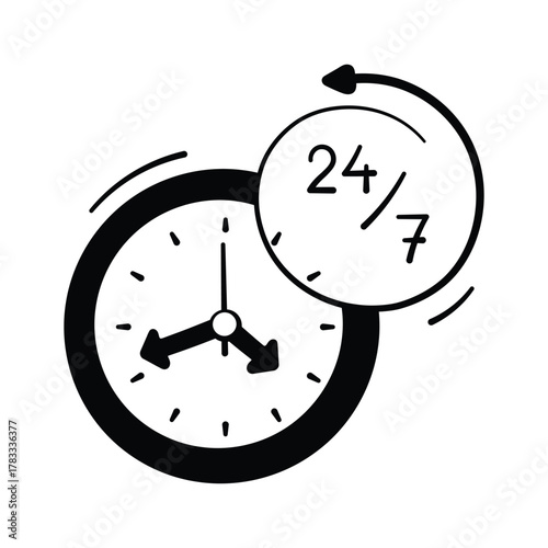 Clock icon showing 24, 7 ecommerce support and online availability